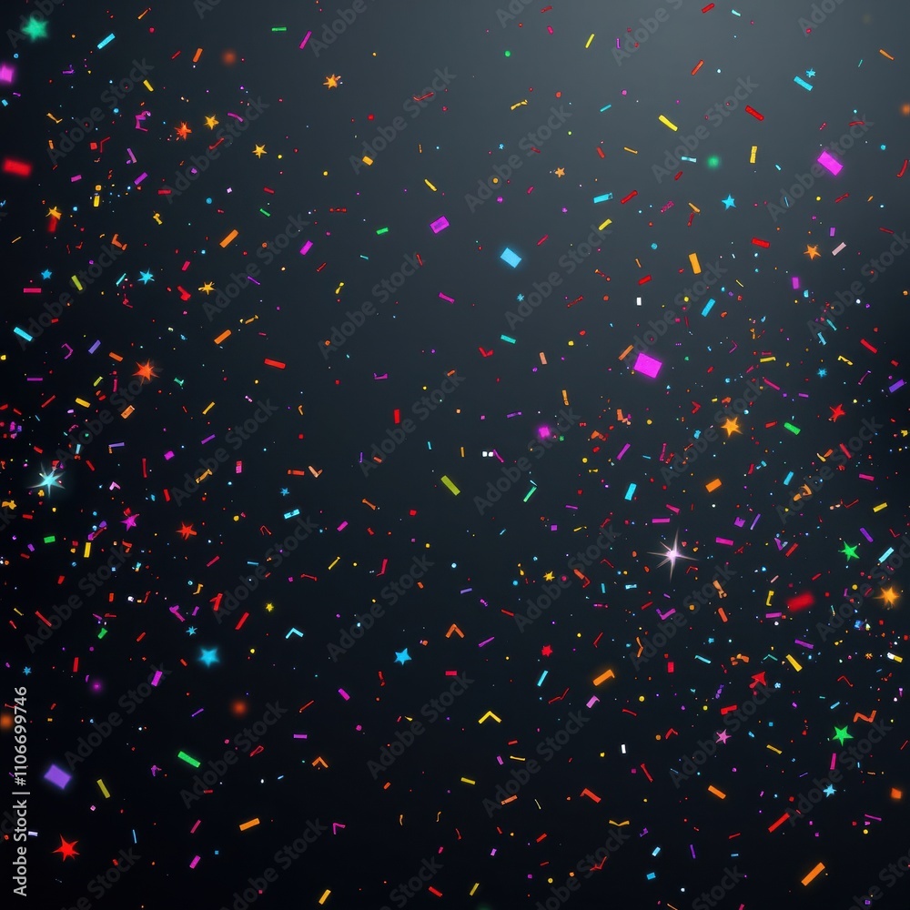 Vibrant starburst confetti against a dark gray background, celebratory party, starburst, energetic mood.