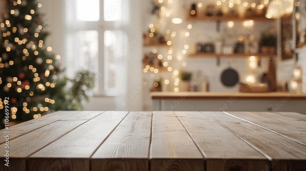 A cozy Christmas kitchen scene with warm lights and wooden table ready for festive gathering. A cozy Christmas kitchen scene with warm lights and wooden table ready for festive gathering.