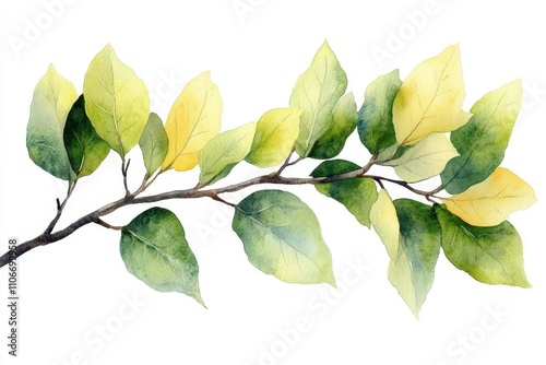 watercolor illustration of a tree branch adorned with delicate leaves, showcasing nature's intricate beauty against an isolated background, highlighting botanical elegance