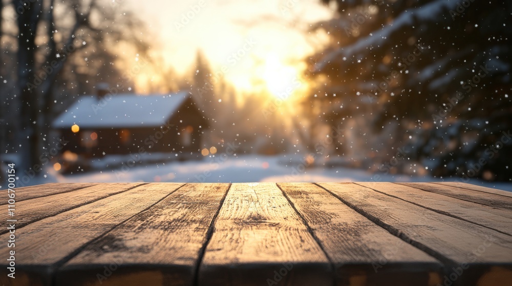 A serene winter sunrise over a snow-covered landscape with a rustic cabin. A serene winter sunrise over a snow-covered landscape with a rustic cabin.