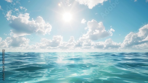 Clear sky summer vacation concept at ocean with sunlight over cloudy sky.