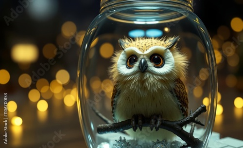 owl christmas Parklers in glass jar at night with owl doll  animal, decoration, season, bird photo