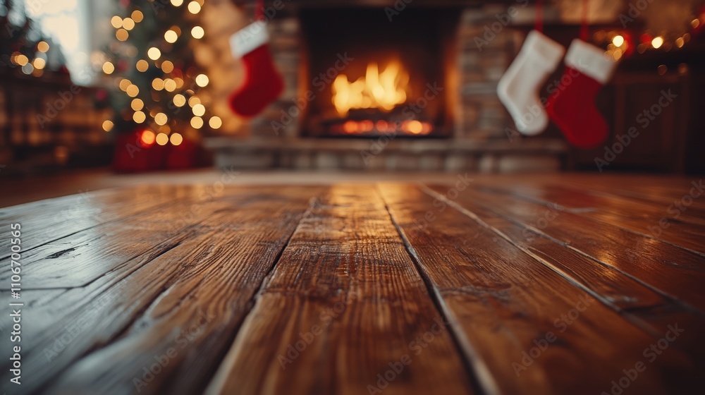 Cozy Christmas setting with a glowing fireplace and festive decorations. Cozy Christmas setting with a glowing fireplace and festive decorations.