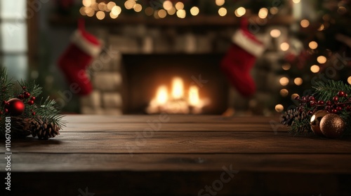 Cozy Christmas scene with fireplace, stockings, and festive decorations for holiday warmth.
