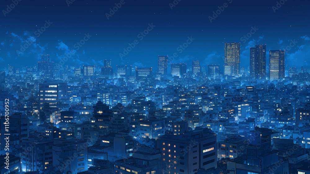 Obraz premium ノスタルジーを感じる都会の夜景イラスト,アーバン,ビジネス,ビル,日本,アニメ,