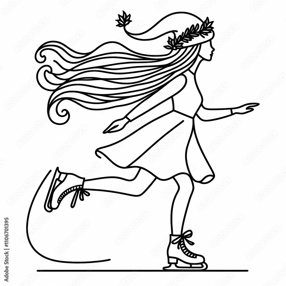 Blank coloring book illustration, a woman wearing a Christmas hat is figure skating. Blank coloring book illustration, a woman wearing a Christmas hat is figure skating.