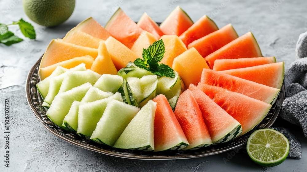 A refreshing platter of sliced watermelon, cantaloupe, and honeydew melon served with a spritz of lime juice A refreshing platter of sliced watermelon, cantaloupe, and honeydew melon served with a spritz of lime juice
