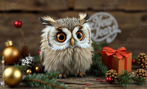 owl christmas New year card christmas toys and needles on the background of old wood  animal, decoration, season, bird photo