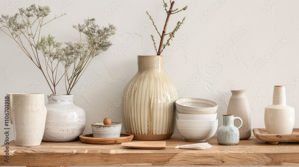 Elegant Ceramic Vases and Tableware on Wooden Shelf Elegant Ceramic Vases and Tableware on Wooden Shelf