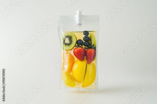 A vibrant IV bag filled with clear liquid and colorful slices of fresh fruit like kiwi, strawberries, oranges, blueberries, raspberry and lemons, symbolizing a healthful vitamin infusion. photo