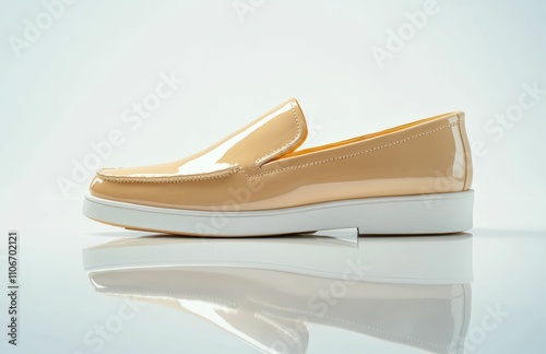 A glossy white beige shoe with fine stitching and a sophisticated design, shown in a side profile to emphasize its upscale appeal on the studio white background. photo