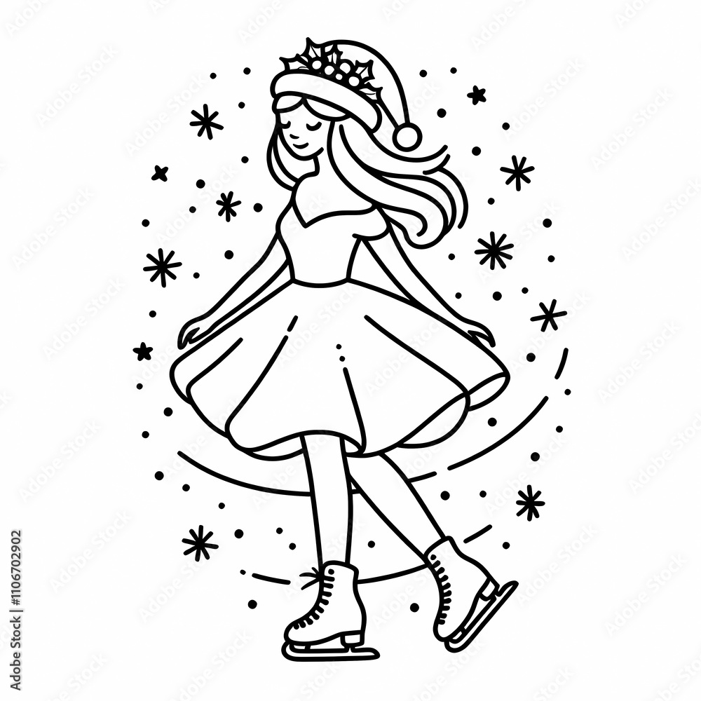 Blank coloring book illustration, a woman wearing a Christmas hat is figure skating. Blank coloring book illustration, a woman wearing a Christmas hat is figure skating.