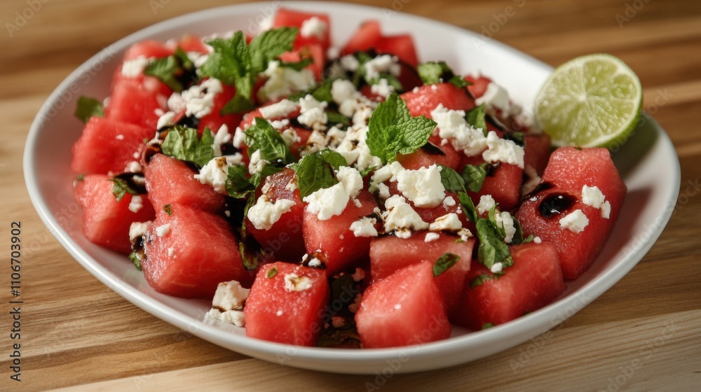 A refreshing watermelon salad with feta cheese, mint leaves, and a balsamic glaze A refreshing watermelon salad with feta cheese, mint leaves, and a balsamic glaze