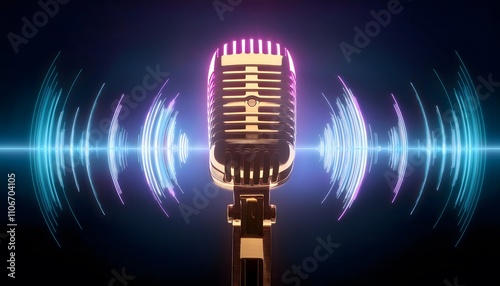 Golden microphone, soundwaves radiating, 3D illustration. voice, speech, clarity.