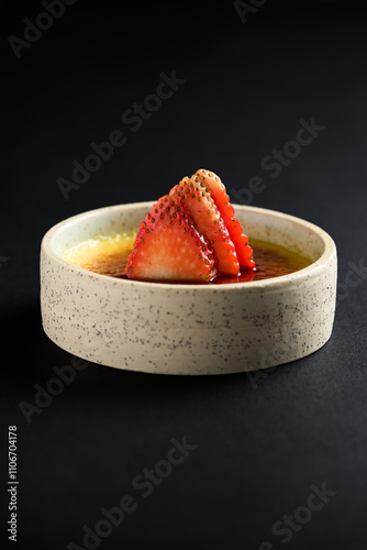 Fotografie Crème brûlée garnished with fresh strawberry slices, served in a ceramic dish on