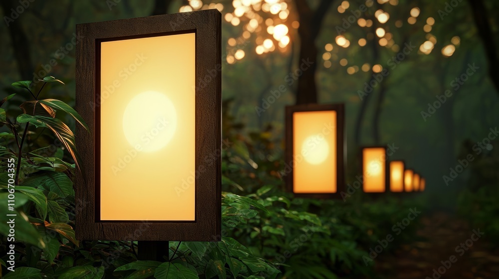 Electricity grid optimization enhances energy efficiency. Illuminated lanterns lined along a serene forest path at sunset. Electricity grid optimization enhances energy efficiency. Illuminated lanterns lined along a serene forest path at sunset.