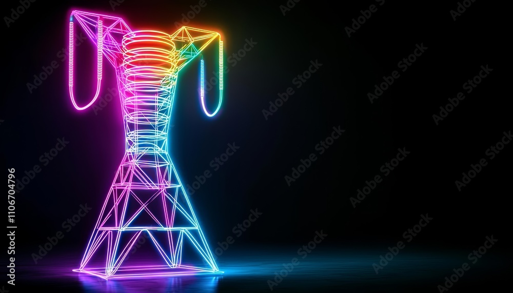 Electricity grid optimization enhances energy efficiency. Colorful illuminated tower with vibrant neon lights against a dark background. Electricity grid optimization enhances energy efficiency. Colorful illuminated tower with vibrant neon lights against a dark background.