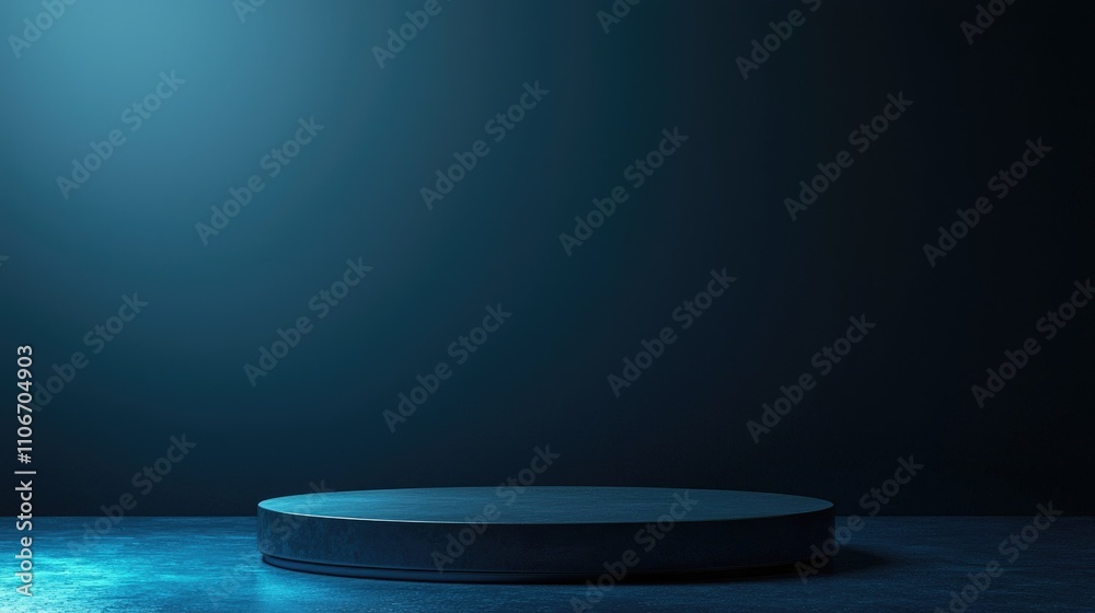 A Single Circular Pedestal on a Dark Blue Background with a Glowing Spotlight A Single Circular Pedestal on a Dark Blue Background with a Glowing Spotlight