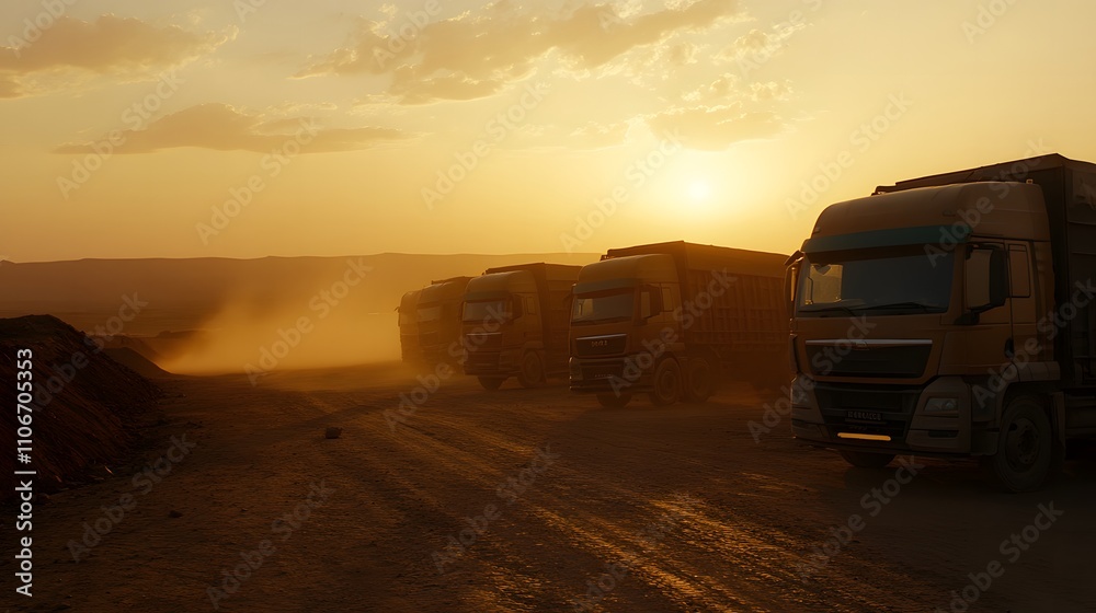 Empty aid trucks on a desolate desert road, symbolizing the gap between humanitarian efforts and the harsh realities of crisis zones Empty aid trucks on a desolate desert road, symbolizing the gap between humanitarian efforts and the harsh realities of crisis zones