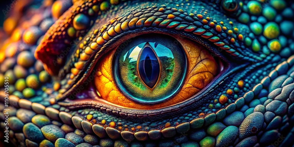 Obraz premium Captivating Close-Up of a Dragon's Eye Captured from Above, Showcasing Intricate Scales, Vibrant Colors, and a Mystical Aura in a Dramatic Drone Photography Perspective