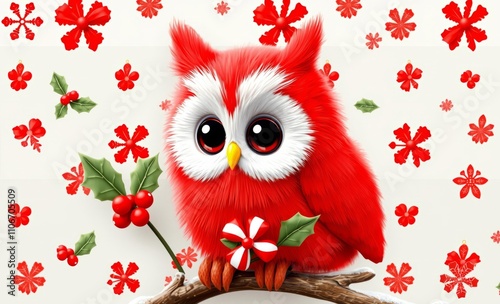 owl christmas Christmas pattern with cute red owl, holly and candy, red snowflakes background merry christmas and happy new year greeting card  animal, decoration, season, bird photo