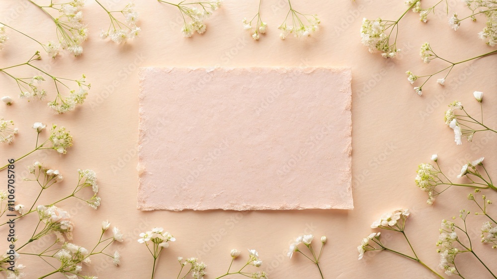 A delicate peach-toned background features a blank piece of handmade paper, surrounded by a charming arrangement of small white flowers. A delicate peach-toned background features a blank piece of handmade paper, surrounded by a charming arrangement of small white flowers.