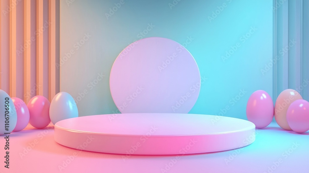 Pastel Pink Product Display Platform with Eggs and Colorful Background Pastel Pink Product Display Platform with Eggs and Colorful Background