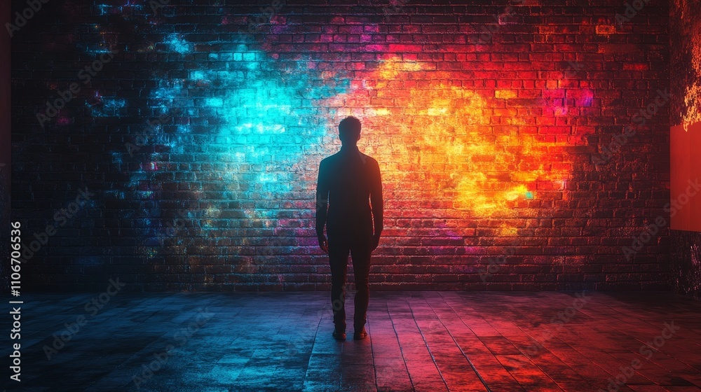 Hologram projected onto a brick wall, creating a vibrant futuristic digital effect. The image blends advanced technology with physical space, showcasing innovation and modern design in a striking way. Hologram projected onto a brick wall, creating a vibrant futuristic digital effect. The image blends advanced technology with physical space, showcasing innovation and modern design in a striking way.