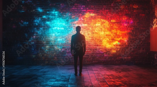 Hologram projected onto a brick wall, creating a vibrant futuristic digital effect. The image blends advanced technology with physical space, showcasing innovation and modern design in a striking way.