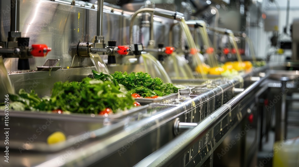 Naklejka premium Industrial Vegetable Washing Production Line in Modern Factory