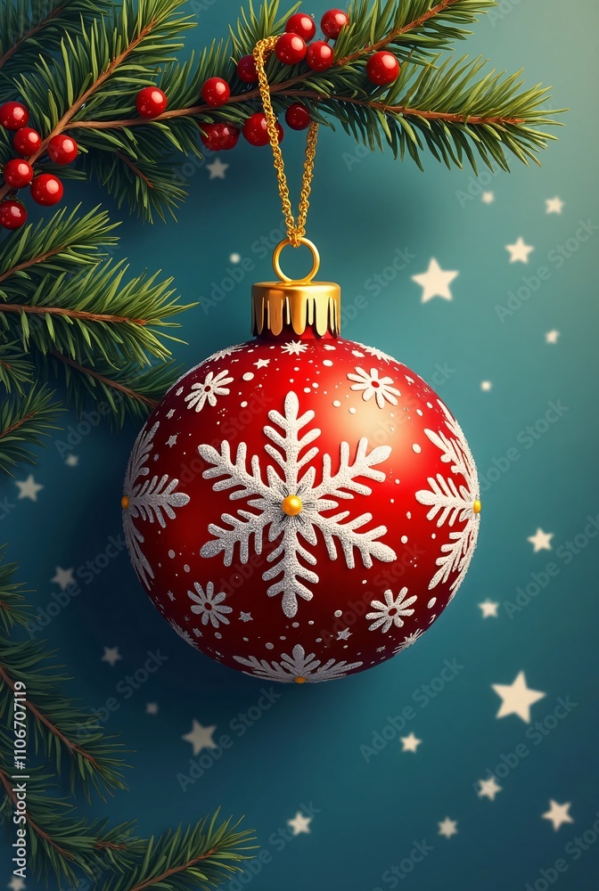 Red Christmas ball with blue starry background Red Christmas ball with blue starry background