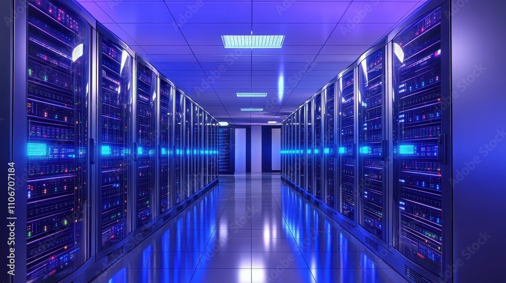 Technicians calibrating cloud servers in a data center with glowing blue lights Technicians calibrating cloud servers in a data center with glowing blue lights