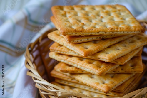 A Delicious Stack of Golden Brown Crackers in a Rustic Woven Basket