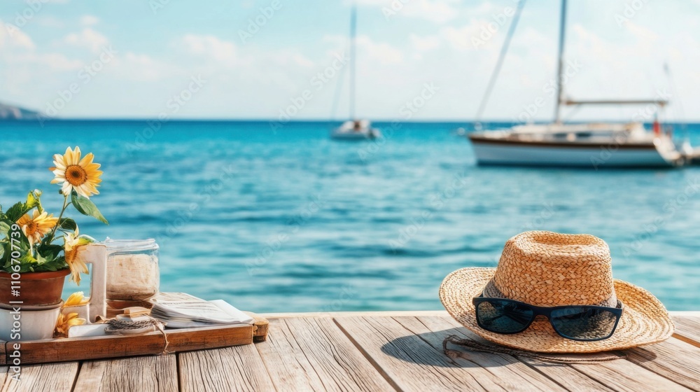 Relaxing Summer Scene with Straw Hat, Sunflowers, and a Beautiful Coastal View of Sailboats Relaxing Summer Scene with Straw Hat, Sunflowers, and a Beautiful Coastal View of Sailboats