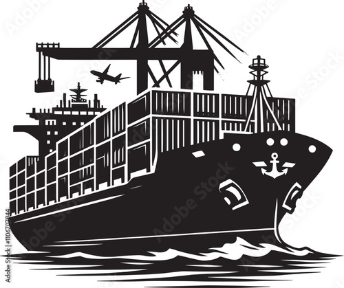 Big container ship silhouette vector illustration isolated on a white background