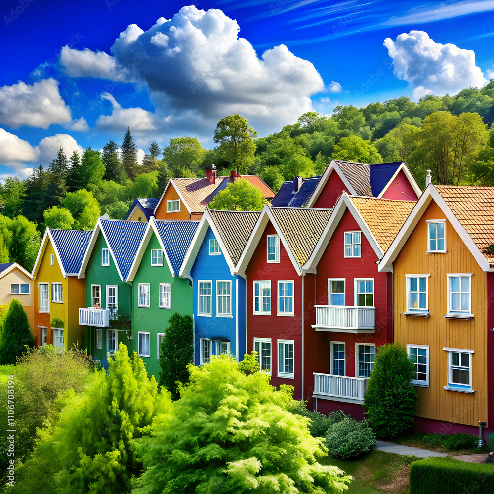 a group of colorful houses with green trees a group of colorful houses with green trees