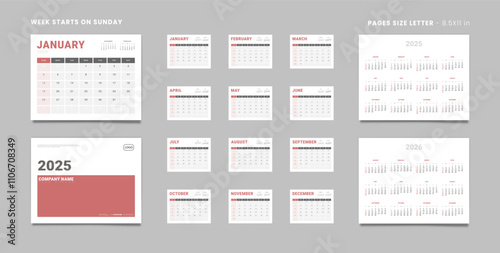 Set of 2025 Pages Monthly Calendar Planner Templates, Cover with Place for Photo, Company Logo, Annual 2025-2026. Calendar Vector pages size Letter-8.5x11in for print Week start Sunday