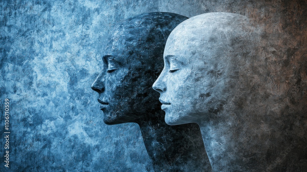 Change mind represented by two faces, one turning away from the other, showing a shift in thinking Change mind represented by two faces, one turning away from the other, showing a shift in thinking