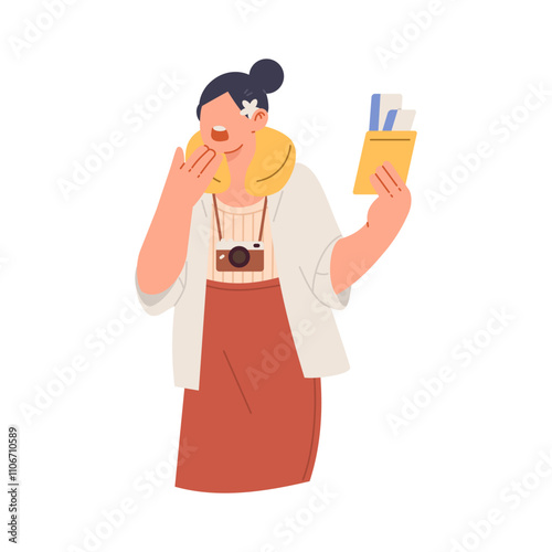 Illustration of a sleepy girl tourist with ponytail while carrying a tour ticket. Female tourist with camera, pillow around her neck and her surprise pose. Flat vector isolated on white background