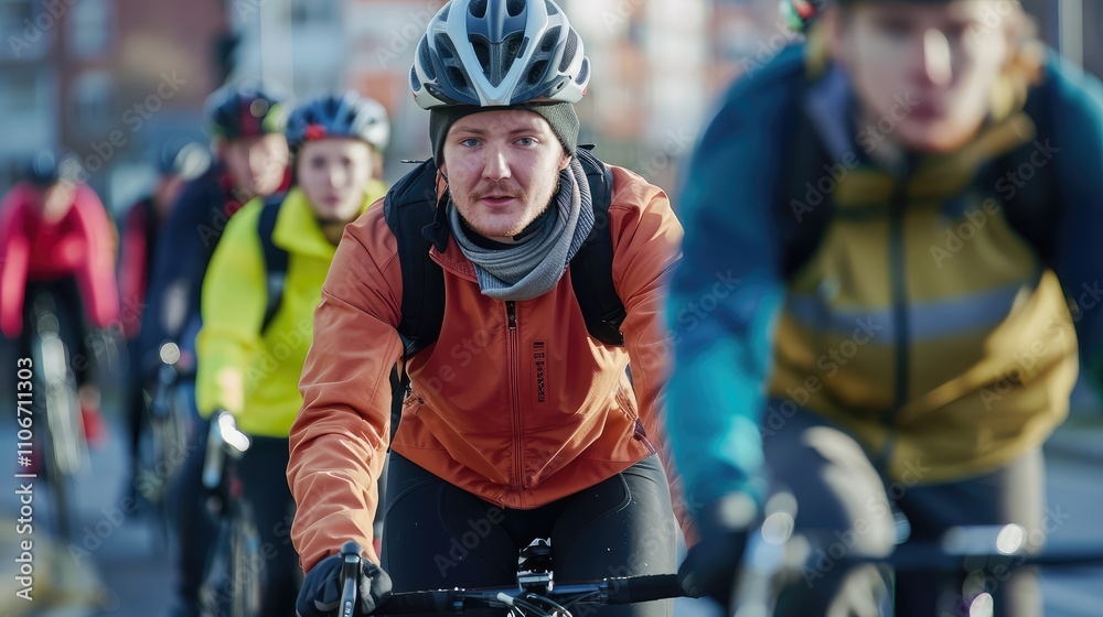 Fototapeta premium Dynamic Group of Cyclists Riding in Urban Environment