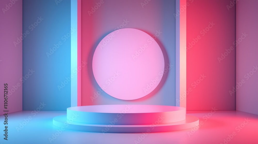Two-Tiered Circular Platform with Pink and Blue Lighting in a Room Two-Tiered Circular Platform with Pink and Blue Lighting in a Room