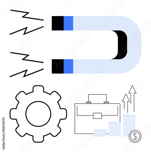 Magnet attracting, gear icon, briefcase with bars graph displaying rising trend. Ideal for business strategy, marketing, financial growth, technology, process improvement, innovation productivity photo