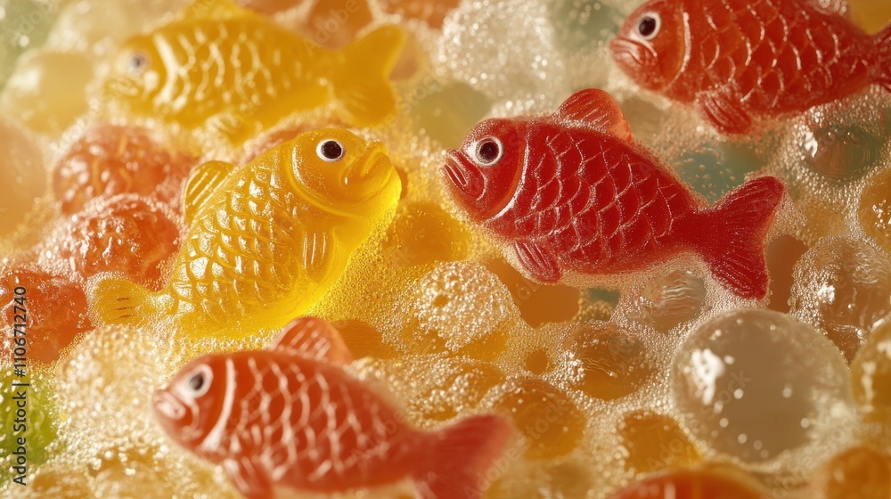 Gummy fish candies swim in bubbly liquid, vibrant orange and red hues. Perfect for food, candy, or sweetness concepts. Gummy fish candies swim in bubbly liquid, vibrant orange and red hues. Perfect for food, candy, or sweetness concepts.