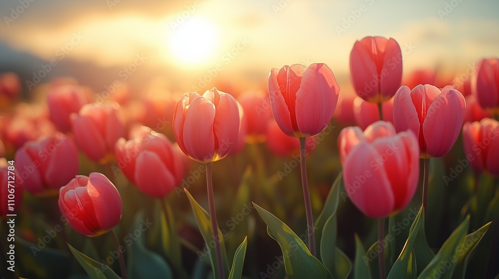 field of red tulips with the sunset setting behind them Warm golden light tone field of red tulips with the sunset setting behind them Warm golden light tone