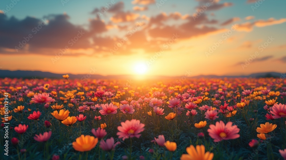 Obraz premium Beautiful natural landscape view Colorful cosmos flower fields with the sunset setting behind them, Warm golden light tone