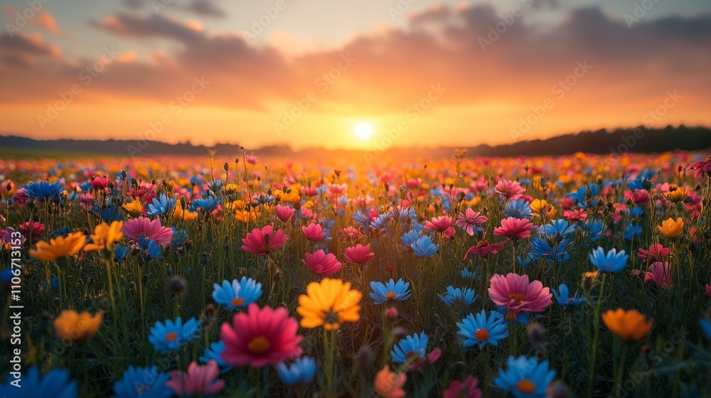 Obraz premium Beautiful natural landscape view Colorful cosmos flower fields with the sunset setting behind them, Warm golden light tone