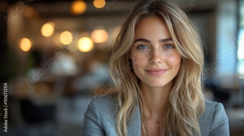 Wallpaper Mural photograph of Happy businesswoman in the office using a laptop, smiling at the camera and sitting on a desk with a copy space area.  Torontodigital.ca