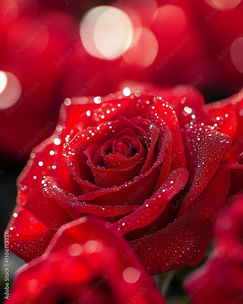 Close-up of red roses with water droplets, glowing in sunlight, evokes beauty and romance. Close-up of red roses with water droplets, glowing in sunlight, evokes beauty and romance.