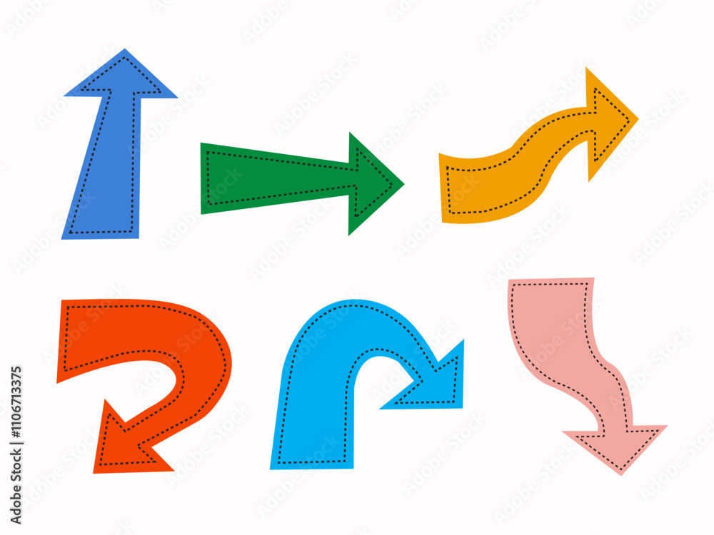 A set of colorful arrows in various shapes and directions with a stitched effect on a white background. A set of colorful arrows in various shapes and directions with a stitched effect on a white background.
