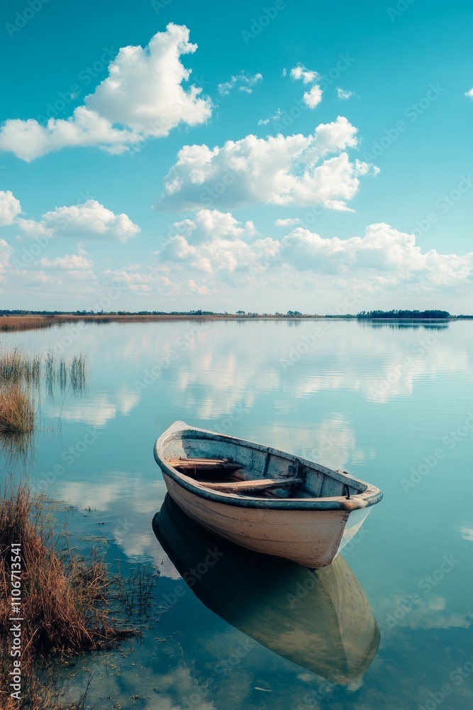 Quiet water, floating clouds, a small boat parked by the lake Quiet water, floating clouds, a small boat parked by the lake